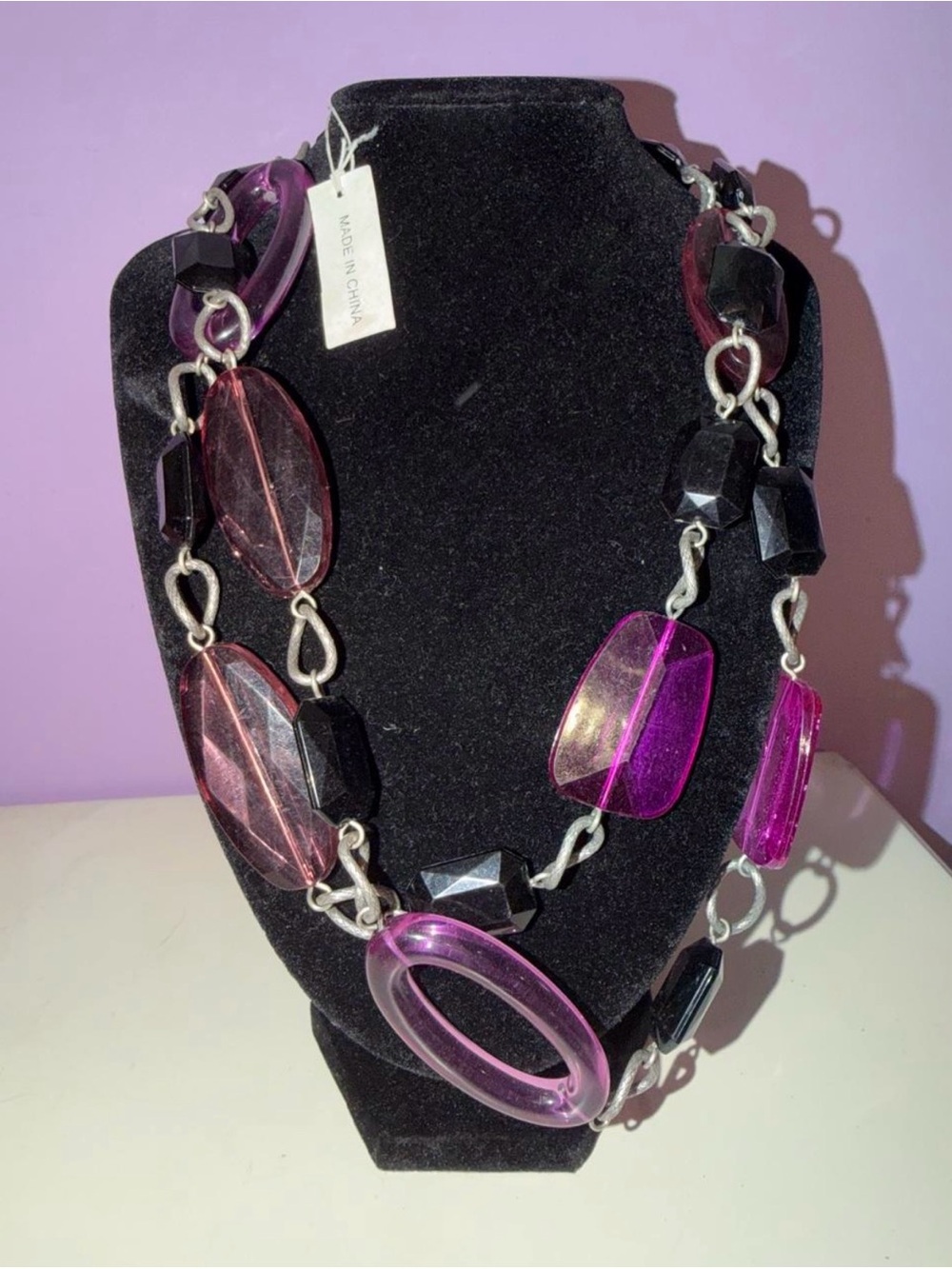 Chunky Purple Black Acrylic Statement Necklace Geometric Mod Maximalist
